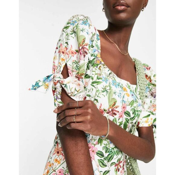 Dainty Floral Mini Dress linen floral Botanical Print Puff Sleeve 4 XS - Picture 3 of 16